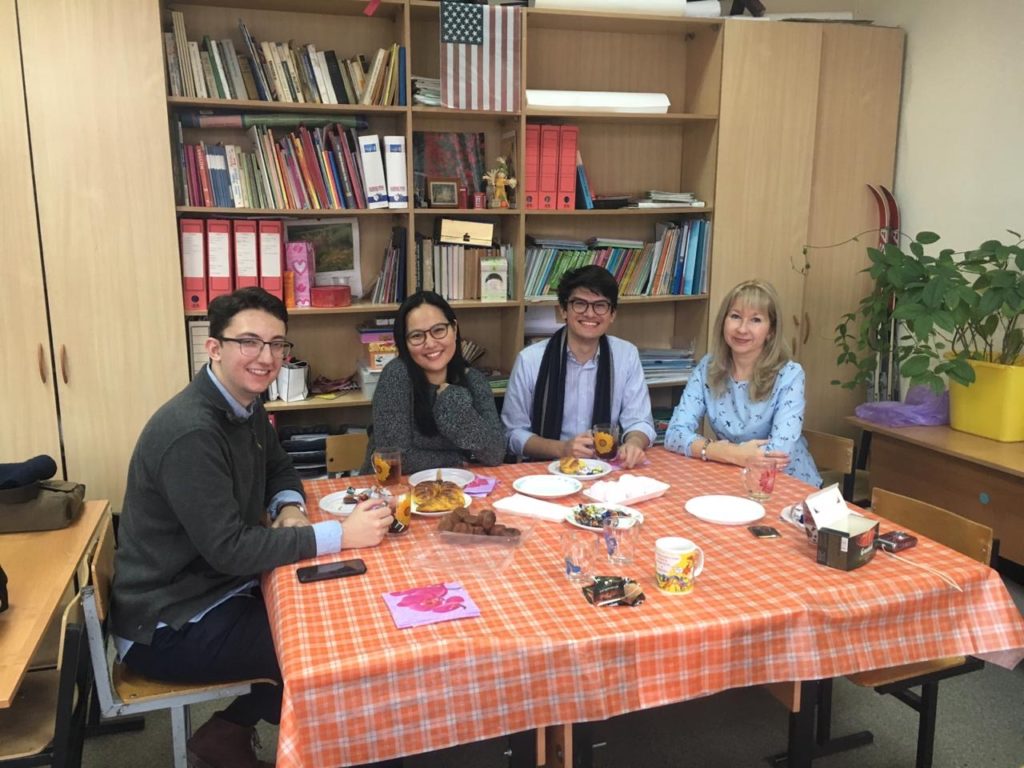 Cameron having tea with a Russian teacher in Yaroslavl.